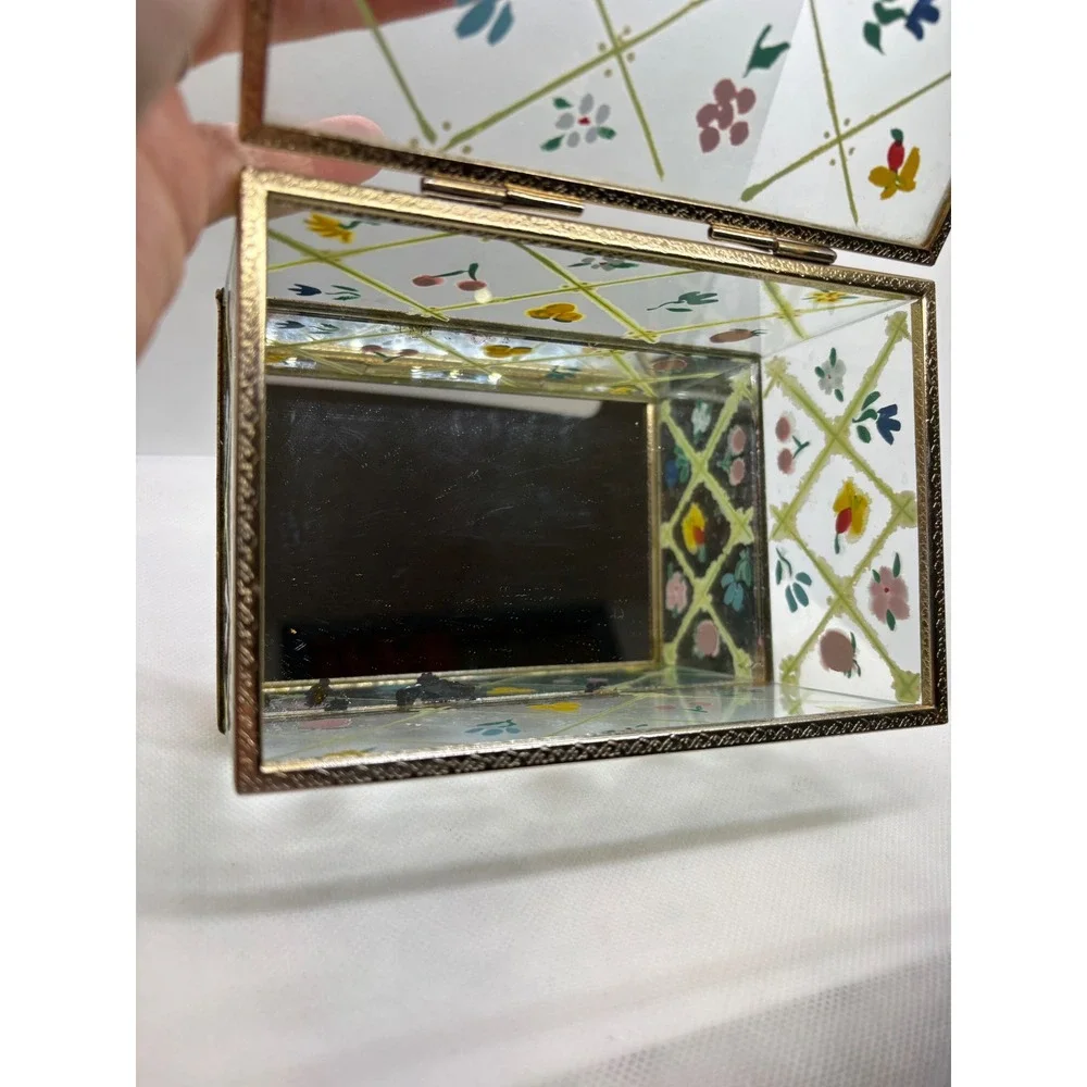 Vintage Hand Painted Glass Jewelry Box Floral Fruit Lattice Brass Trim Mirrored